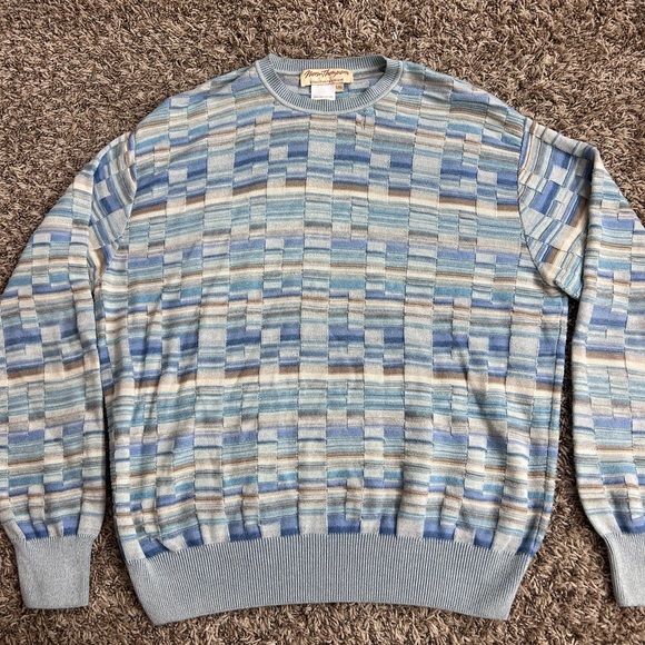 Norm Thompson Pima Cotton 3D Line Box Style Knit Light Blue Tan Sweater Sz L - Picture 1 of 9